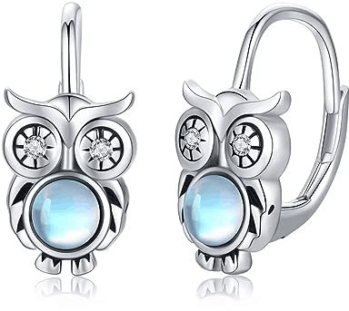 Eulen Geschenke für Mädchen 925 Sterling Silber Eulen Ohrringe Mondstein Eule Creolen Eulen Schmuck Geschenke für Damen Frauen Tierliebhaber