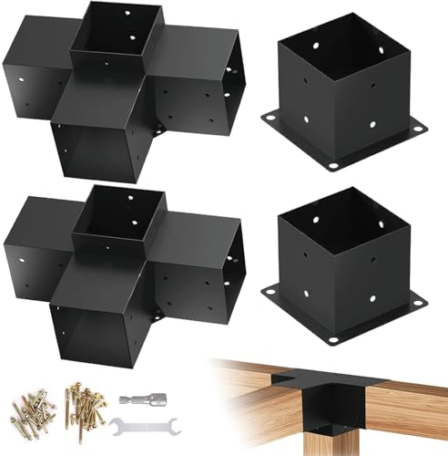 TOCRETOARE Pergola Kit, 6 x 6 Woodworks Pergola Brackets, 4-Way Right Angle Corner Brackets, Powder-Coated Pergola Hardware Kit Includes 2 Bracket Shoulders 2 Boots (Actual: 5.5x5.5 Inch)