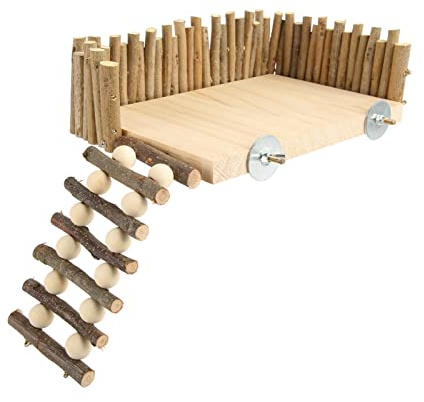 Kletterplattform aus Naturholz mit Zaun für Hamster und Kleintiere | Klettergerüst aus Baumstamm, erweiterbarer Spielplatz mit Leiter, robuste Aktivitätsplattform, für Käfige mit Gitter geeignet