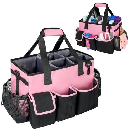 ZIOZERTT Cleaning Supplies Organizer, Large Cleaning Caddy Bag with Handle, Pink