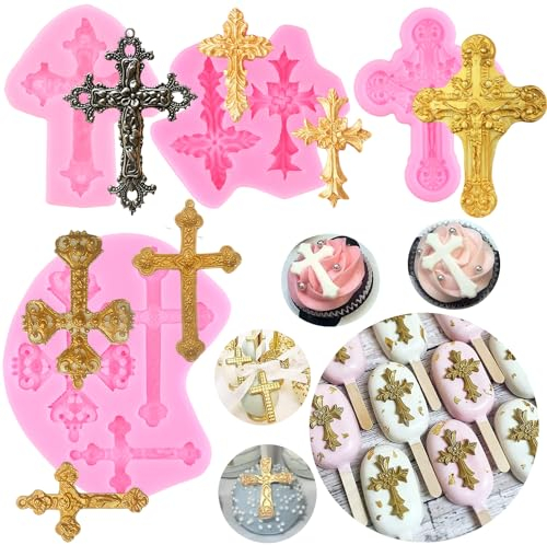 RFGHAC Taufe Kuchen Dekorationen Kreuz Kuchenform Kreuz Silikon Fondant Formen für Taufe Kuchen Dekorieren Cupcake Topper Süßigkeiten Schokolade Gummipaste Polymer Clay 4 Stück