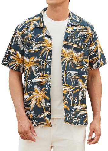 HISDERN Hawaiian Shirts for Men Short Sleeve Summer Beach Hawaii Shirts Casual Cuban Collar for Holiday Vacation Navy Blue Yellow XL