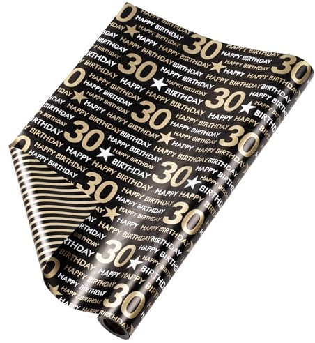 RUSPEPA Wende-Geschenkpapierrolle – 30 Jahre alter Geburtstag, Schwarz-Gold-Muster, ideal für Geburtstag, Party, Babyparty – 43,2 cm x 10 m