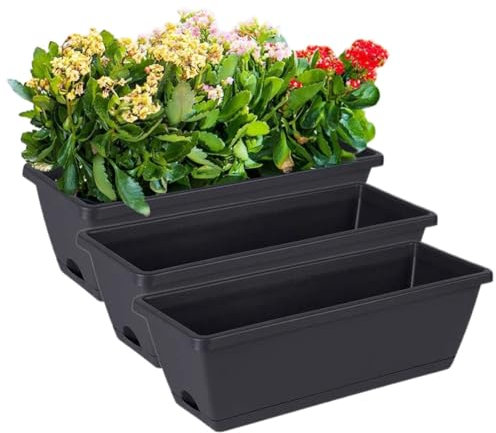 pdodo Lot de 3 jardinières rectangulaires pour balcon - Avec soucoupe parfaite - Pour rebord de fenêtre, balcon - Jardinière étroite pour l'intérieur - Pots de fleurs et herbes aromatiques