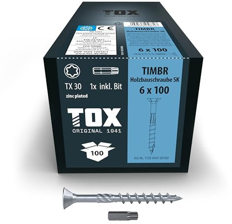 TOX Vis TIMBR SK 6,0 x 100 mm, zinguées bleues à tête fraisée, TX30, vis pour vissage léger et montages à fleur dans la construction en bois, 100 pièces dans un carton, 1x embout inclus, 1120404160100