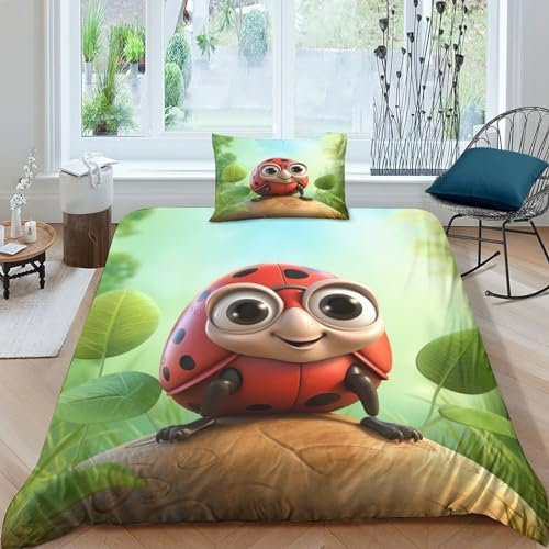 NAHCBIOT Cute Ladybug Bettwäsche Bettdecken Set Weiche Angenehme Mikrofaser Kinder Erwachsene,3D Druck Cartoon Insects Bettbezug Bettwäsche Set Single（135x200cm）