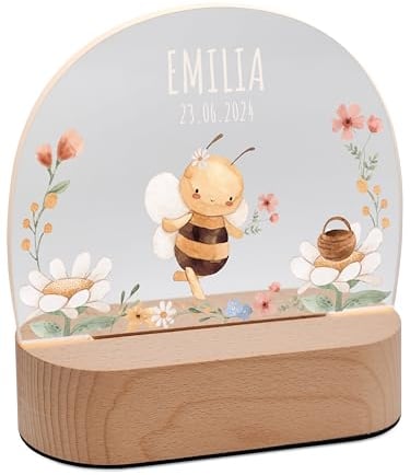 Bärenfreunde® - Personalisiertes Nachtlicht für Babys - Individuelle Nachttischlampe für Kinder - Personalisierte Geschenke Kinder - Babygeschenk - Geschenk zur Geburt (Biene Blumen)