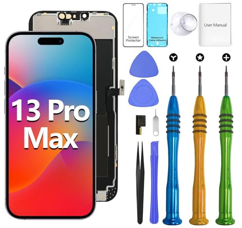 ATEVENSE iPhone 13 Pro Max Bildschirm-Ersatzkit 6,7 LCD Display 3D Touch IPS FHD COF Vollständige Montage Edelstahl Reparaturset Wasserdichter Rahmenaufkleber + Panzerglas