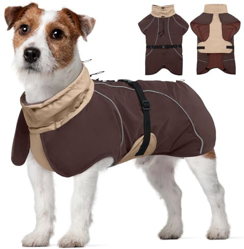 Kuoser Hundemantel für Kleine Hunde Hundejacke Große Hunde Haustier Wasserdicht Hundemantel Winter Hundemantel Warm Hunde Wintermantel mit Geschirr Hund Winterweste Winterjacke Braun S