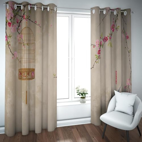 Asiatischer Stil Fenstervorhänge Antikes Design Klassischer Druck Wärmeisolierte Vorhänge Vintage Käfige Muster Blumenvorhang 2X B229 x H229 cm