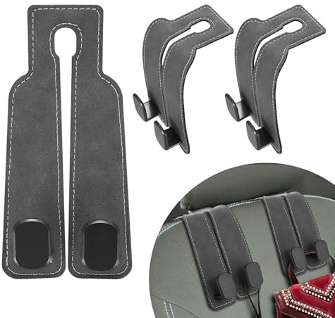 2 Pcs Car Headrest Hooks, Car Seat Hooks for Headrest, Leather Car Seat Organiser Hooks, Double Headrest Hooks Purse Holder & Mobile Phone Holder, Auto Seat Hook Hangers for Bags Purses Handbags
