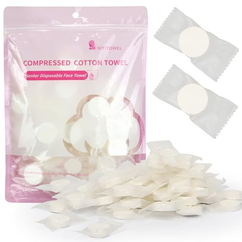 Classycoo Compressed Towel 50 PCS Mini Tablets Disposable Portable Face Towel Cotton Coin Tissue for Travel, Camping, Hiking, Sport, Home Hand Wipes and Other Outdoor Activities (Light Pink)