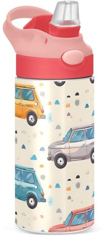 Kinder-Wasserflasche mit Strohhalm, 350 ml, Cartoon-Auto-Licht, Edelstahl, isoliert, Kleinkindbecher, Metall, auslaufsicher, Trinkflasche für Mädchen, BPA-frei