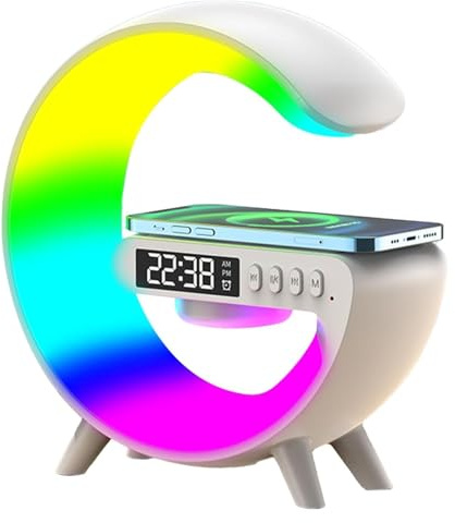 DengFen G-shaped Lamp Mobile Phone Charger, Bluetooth Speaker Wireless Charger, 10W Wireless Charging, Six Atmosphere Lamp Modes, Time Alarm Clock Charger Stand Home Bedside Lamp(White)