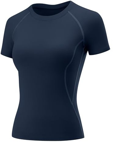 Rapbin Damen Sport Fitness T-Shirt Kurzarm Funktionsshirt Laufshirt Atmungsaktiv Shirt Kurzarm Sportshirt Gym Yoga Running Top Sommer Marineblau XS