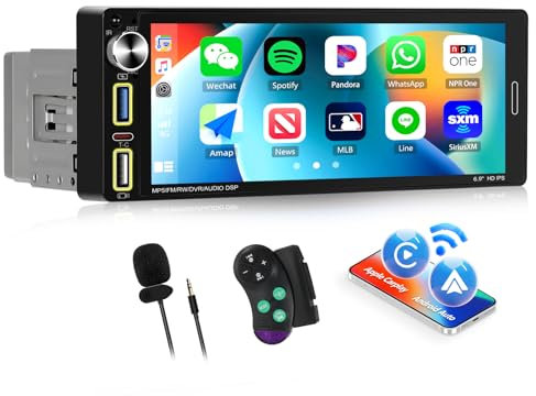 [Upgrade Wireless] SIXWIN Autoradio 1 DIN avec Carplay et Android Auto,6.9 Pouces HD Ecran Tactile Poste Radio Soutien Lien Miroir pour iOS/Android SWC Bluetooth5.0/USB 2/Type-C/FM/EQ+MIC