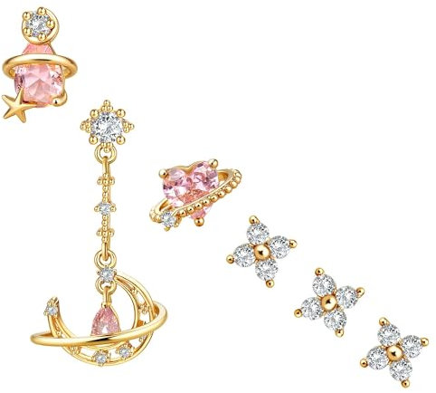 BodyBonita 6 Pcs Ohrring Set Silber 925 für Damen 18 Karat Vergoldet Pink Herz Kleine Ohrstecker Ohrringe Silber 925 Hängend Stapelbar Zirkonia Ohrstecker Creolen Set für Mehrere Piercings