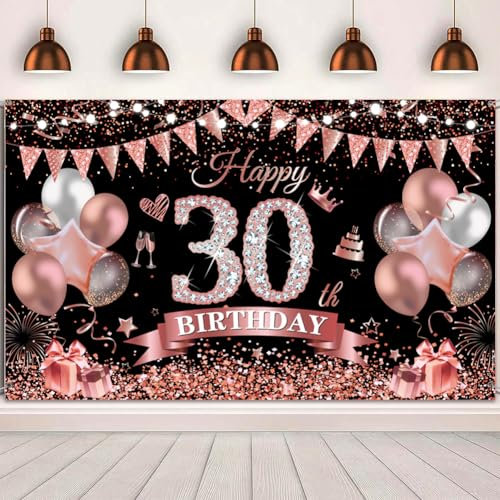 30.Geburtstag Banner Roségold Schwarz Deko 30. Geburtstag Frauen 30 Hintergrund Banner 30 Jahre geburtstagsbanner für 30 Frauen Geburtstag Party Deko