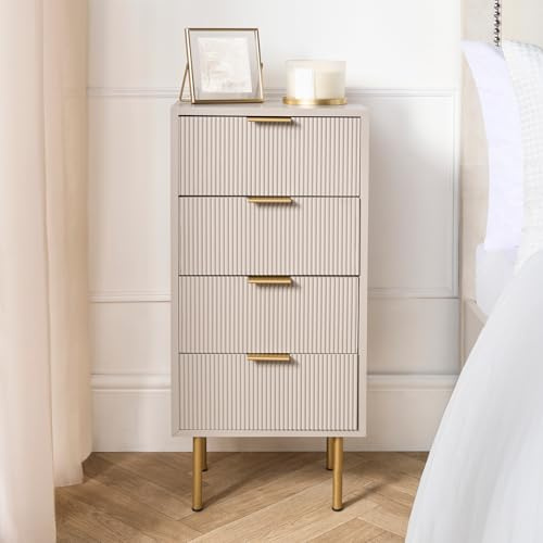OHS Beige Bedroom Bedside Table 4 Drawer, Decorative Ribbed Nightstand Wood Side Table Living Room Bedroom Storage Sleek Modern Bed Side Tables for Home, 78 x 36 x 24cm