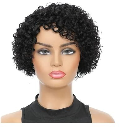 Kurze Perücke im Pixie-Schnitt, natürliche Farbe, Seitenteil, verworrene lockige Perücken aus Echthaar for Frauen