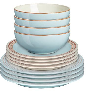 Denby - Heritage Pavillion 12 Piece Tableware Set - Dishwasher & Microwave Safe, Oven Proof Plate & Bowl Set - Includes 4 x Small Plates, Dinner Plates and Cereal Bowls - Chip Resistant & Durable