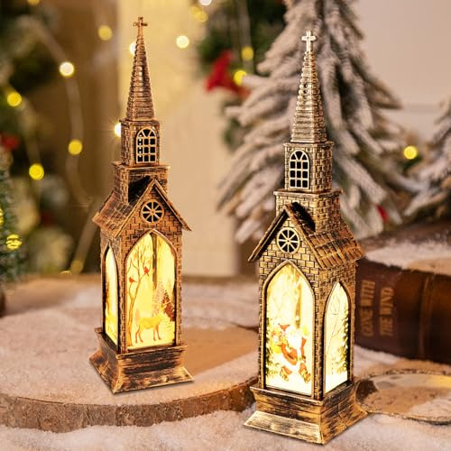 2 Stück Weihnachtsdeko Laterne, Laterne weihnachten mit LED, 22CM Häuser Weihnachtslaterne mit Weihnachtsmann und Weihnachtshirsch, Warmweißes LED Weihnachten Deko für Innen, Party, Balkon, Garten