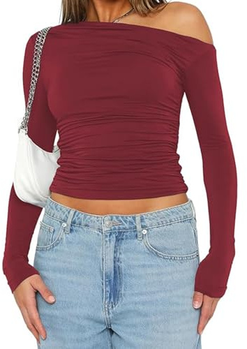 Off-The-Shoulder top Long-Sleeved Shirt Women's Basic T-Shirt Casual Y2K Slim fit Crop Tops(Wine Red-j1,L)