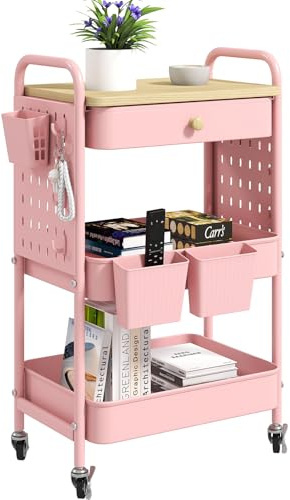 danpinera 3 Tier storage trolley, Metal storage cart with DIY Pegboard & Drawer, storage trolley on wheels with Hooks & Hanging Cups for Living Room, Kitchen, Bathroom, Office, Pink