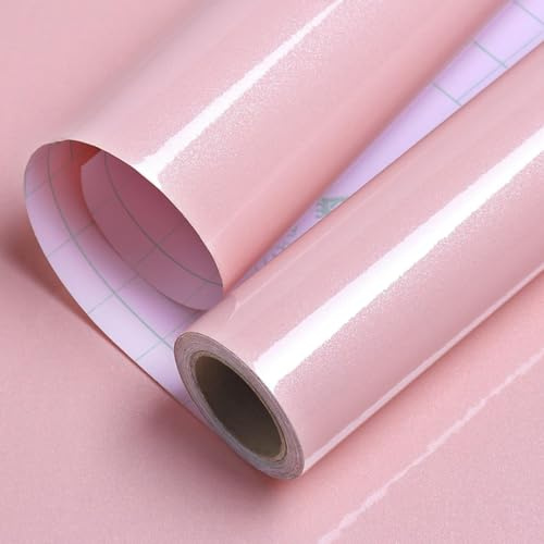 LaCheery Rose Papier Adhesif Brillant pour Meuble Cusine Plan de Travail 40cm x 200cm Film Adhesif pour Meuble Rose Clair Vinyle Rouleau Autocollant Cuisine Decoratif pour Chambre Armoire Salon Table