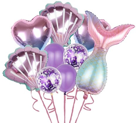 Fesnova 9 Stück Lila Meerjungfrauen Luftballons, Meerjungfrauenschwanz Ballon, Muscheln und Konfetti Latexballons, für Partys mit Unterwasserthema für Mädchen Geburtstag