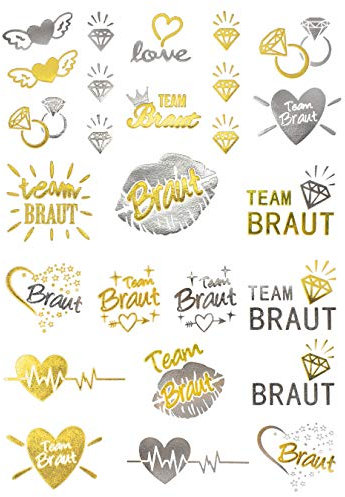 Oblique Unique® Temporäre Klebetattoos JGA Junggesellinnenabschied Tattoo Set Braut - Team Braut Hochzeit Silber Gold