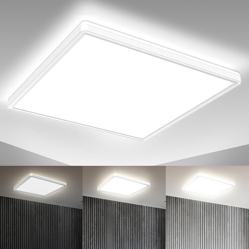 B.K.Licht - LED Deckenlampe mit indirektem Licht, ultraflach, in Stufen dimmbar, LED Panel, Deckenleuchte, Lampe, Wohnzimmerlampe, Schlafzimmerlampe, Küchenlampe, 42x42x2,9 cm, Weiß
