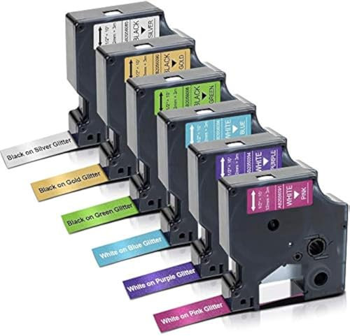 Absonic Kompatibles Etikettenband Ersatz für Dymo COLORPOP Label Maker Tape 12 mm 1,2 cm für LabelManager 160 420P 280, Schwarz auf Silber/Grün/Gold Glitter/Weiß auf Rosa/Violett/Blau, 6er-Pack