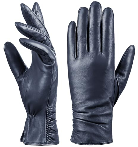 Damen Winter-Lederhandschuhe mit Touchscreen Text, warmes Lammfell, 100% reines echtes Leder (Navy, L)