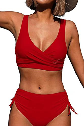 Joligiao Sexy Costume da Bagno da Donna Push Up Imbottito Reggiseno Bikini Set Due Pezzi String Thong Triangolo Vita Alta Donne Scollo a V Spiaggia Estate(Rosso,S)