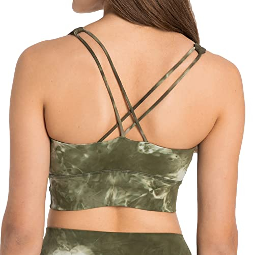 Lemedy Damen-Tanktop mit gekreuzten Trägern, Yoga, Workout, Sport-BH, langes bauchfreies Tanktop, Krawattenfarbe Grün, Klein
