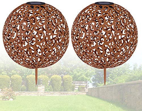 bmf-versand Solarlampe für Außen Stehend Kugel 2er Set – Solarleuchte Garten Durchmesser 28 cm – Außenleuchte Gartenlampe LED – Leuchte Solar Aussenlampe IP 44 Lichtspiel Metall Rostfarben Erdspieß