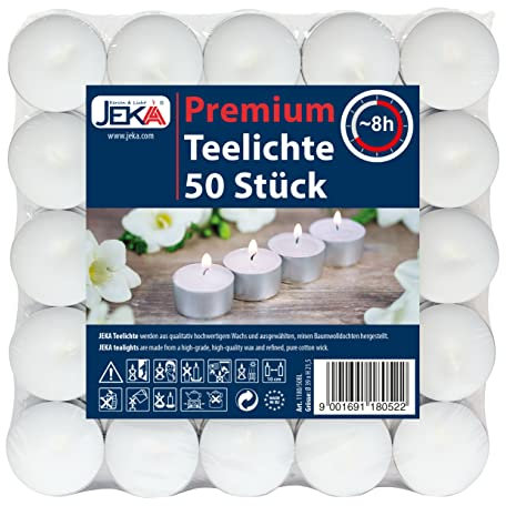 Teelichter in Premium Qualität mit 8 Stunden Brenndauer - Kerzen in Weiß mit Silberschale für Windlichter, die Gastro/Gastronomie & Weihnachten (8 Stunden Brenndauer, 50)