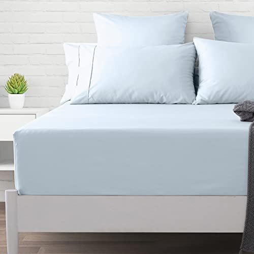 XOOX Linen Twin Fitted Sheet Only - 500 Thread Count Light Blue Soft 100% Cotton Sateen Weave Fitted Sheet, Deep Pocket Cooling Sheets, Fits Upto 17 Deep Mattress for Teens & Adults