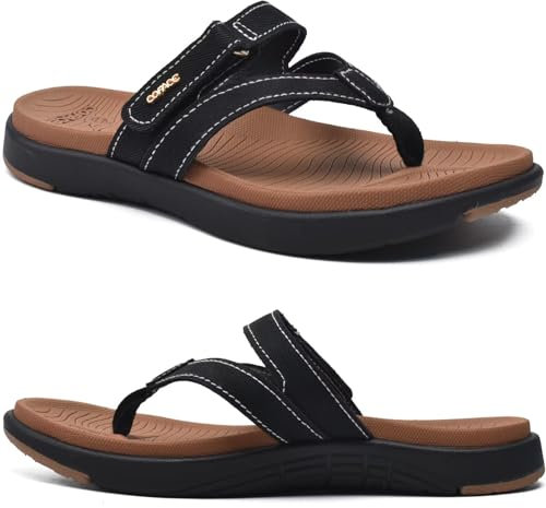 COFACE Flip Flops Damen Orthopädische Leder Stoff Leicht Zehentrenner Frauen Bequeme Plantarfasziitis Fussbett Breite Füße Zehensandalen Rutschfest Gummi Sohle Schwarzer Khak 40