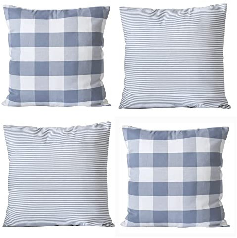 HOPLEE Plaid Kissenbezüge 50 x 50 cm hellblau und weiß Kissenbezug mit Büffelkaro & Streifen Design 4 Stück