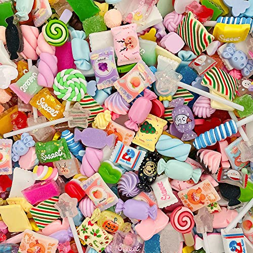 50 süße Schleim-Charms,für Heimwerker, Bastelarbeiten und Ornamente, Scrapbooking-Perlen, verschiedene Süßigkeiten, Obst, Kuchen, Harz, Weihnachtsgeschenke, Spalier, Harz-Ornament-Kit, Zubehör
