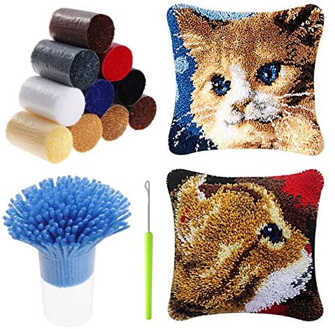 HonGien Tier Knüpfkissen Set, Latch Hook Kissen Kit, 2 Stück Latch Hook Rug für Anfänger Erwachsene oder Kinder, Kreatives Geschenk (Kätzchen)