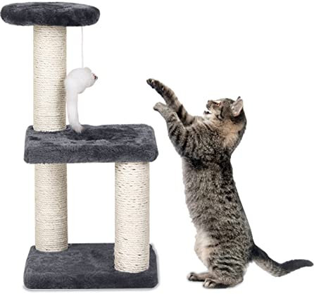 Kratzbaum Klein, Kletterbaum mit Sisal-überzogenem, Katzenkratzbaum, Mehrstöckiger Katzenturm, für Hauskatzen, dunkelgrau