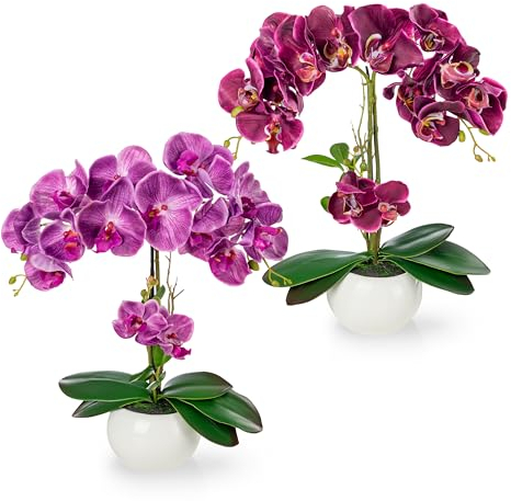PASCH® 2er Set Künstliche Orchideen in Hochglanz-Keramiktöpfen (40cm) | Kunstblumen Wie Echt | Künstliche Blumen im Topf (Purpur-Lila)