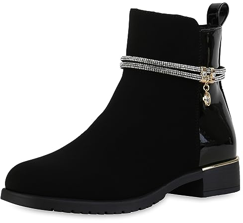 VAN HILL Damen Klassische Stiefeletten Blockabsatz Strass Trendy Schuhe 840507 213002 Schwarz Lack 37