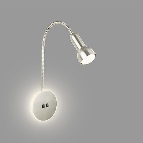 BRILONER - Lampada da lettura con retroilluminazione, Lampada da parete orientabile all'interno, Lampada LED con 2 interruttori, Lampada da parete all'interno, Nickel opaco