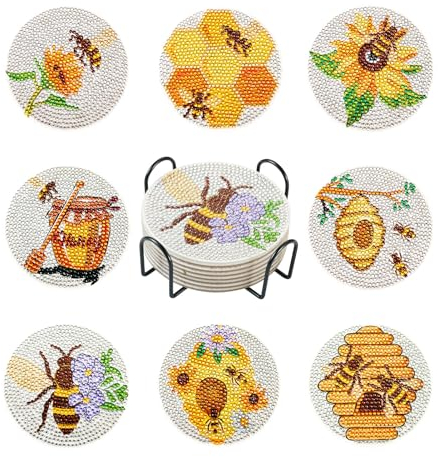 BB Beadthoven Beadthoven 8 Stück Bienenmotiv Diamant Malerei Untersetzer Bienen Honig Muster DIY Diamant Kunst Tasse Matte Kits mit Werkzeugen für DIY Tasse Getränke Untersetzer Desktop Dekorationen