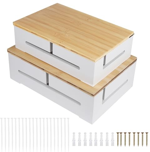 DBREAKS 2X Kabelmanagement Box, Kabelbox Holz, Kabel Organizer Box, Weiß | Wandmontierbare Kabelbox mit magnetischem Bambus-Deckel und Kabelbindern, Kabelkasten für Schreibtisch & TV Cable Organizer
