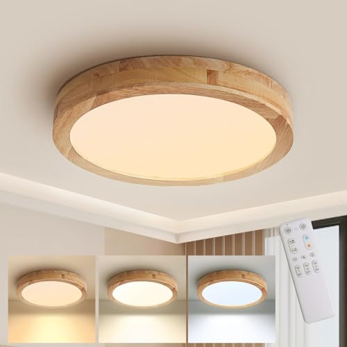 Baerolc LED Deckenleuchte Holz, 40CM Dimmbare Holzlampe mit Fernbedienung 3000K-6000K Rund Deckenleuchte LED für Schlafzimmer/Büro/Küche/Kinderzimmer/Flur/Balkon
